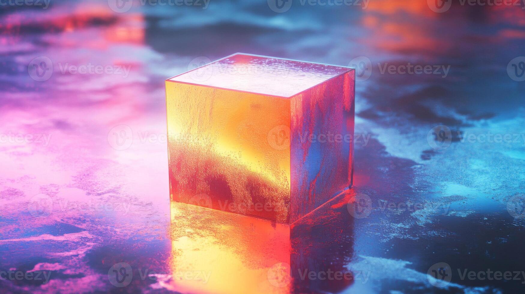 Wet Glass Cube Reflecting Neon Lights on a Wet Surface photo