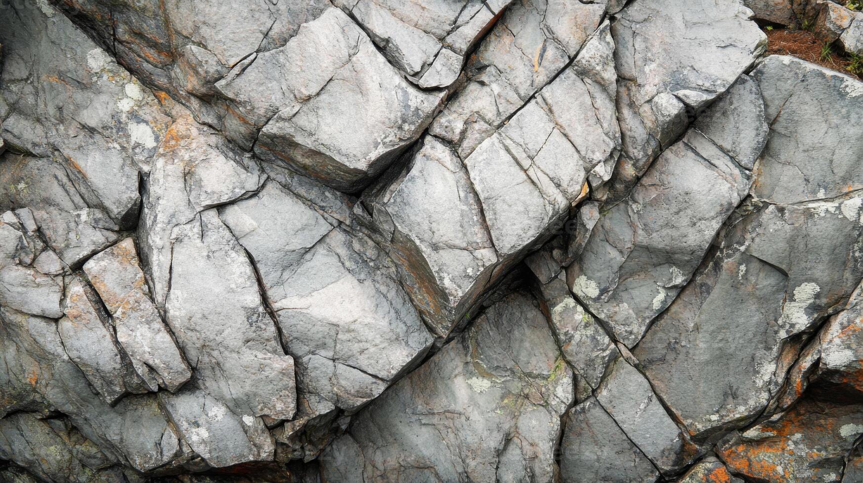 Close-up of a Rough, Gray Rock Face with Cracks and Lichen photo