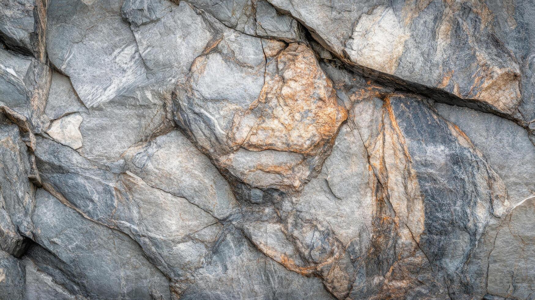 Close-up of a weathered, gray rock face with intricate veins of orange and white. photo