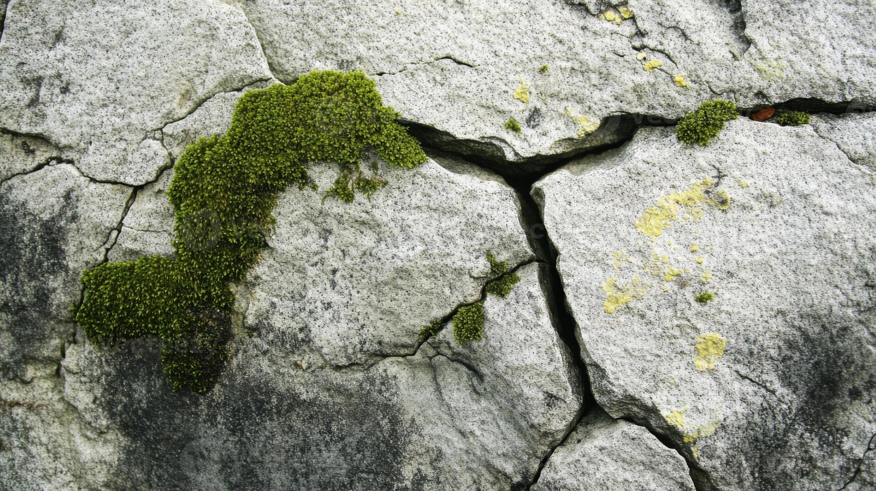 Moss Growing on a Cracked and Weathered Rock Surface photo