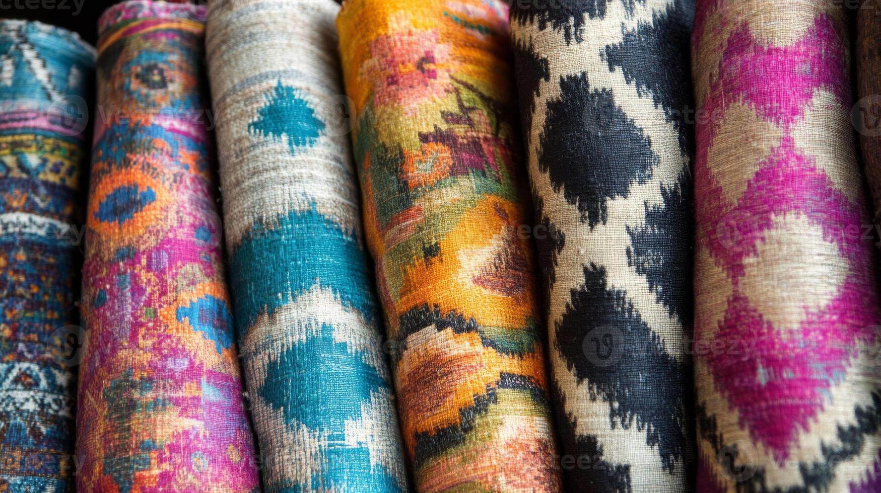 A Close-Up of Colorful Fabric Rolls with Intricate Patterns photo