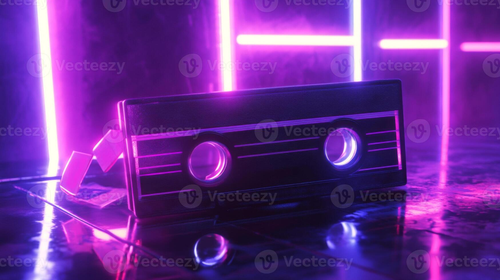 VHS Cassette Tape Illuminated by Neon Lights photo