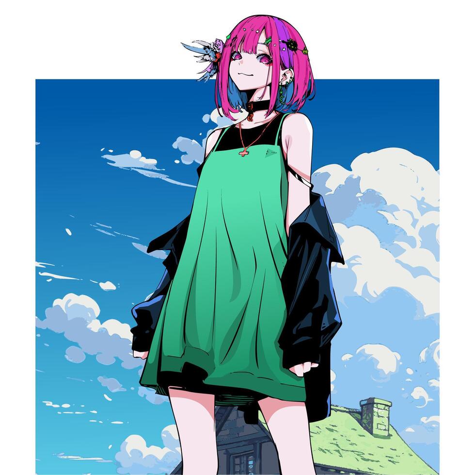 cartoon character of fashionable young girl with pink hair standing against blue sky and clouds in anime style vector