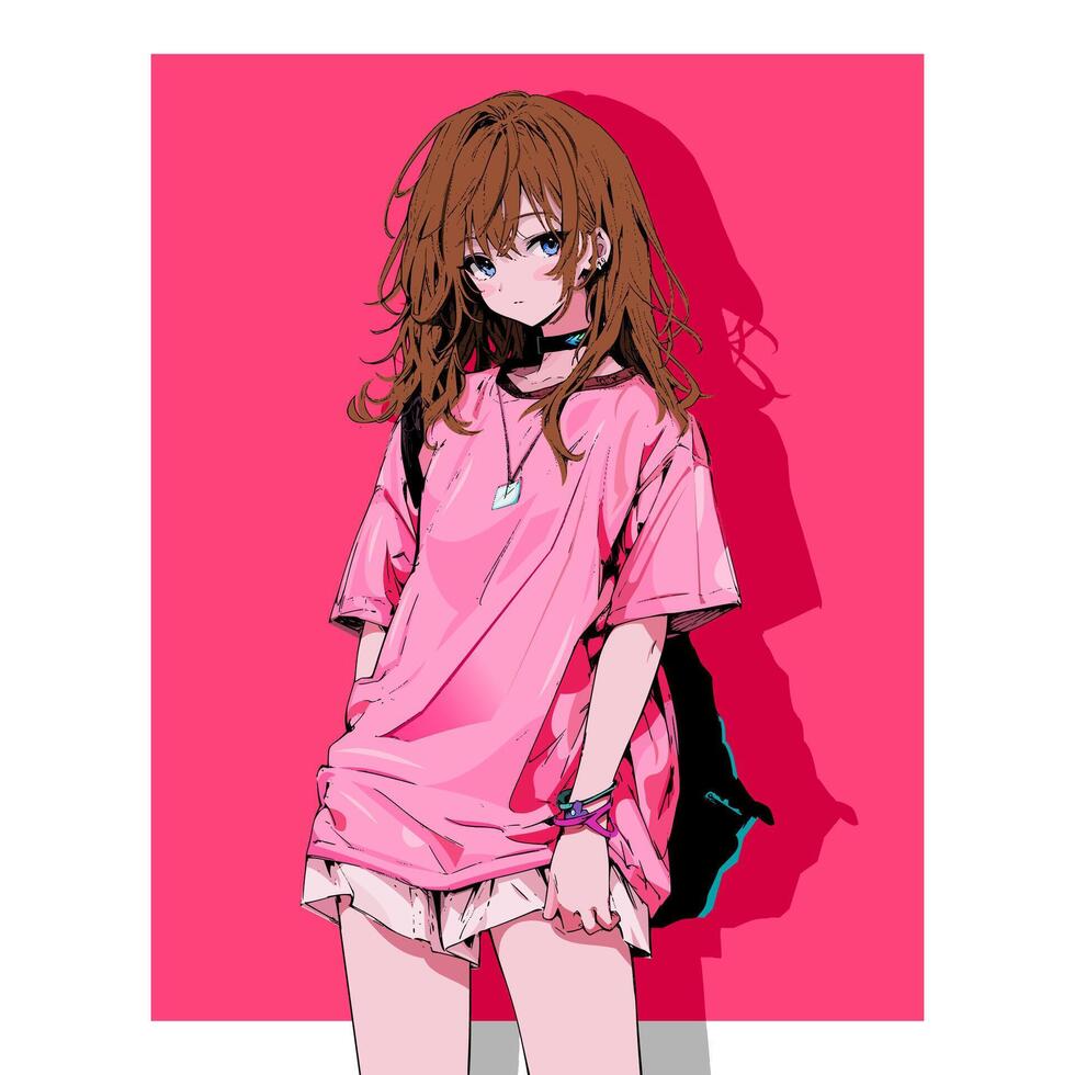 young girl cartoon character in an all-pink suit in anime style vector