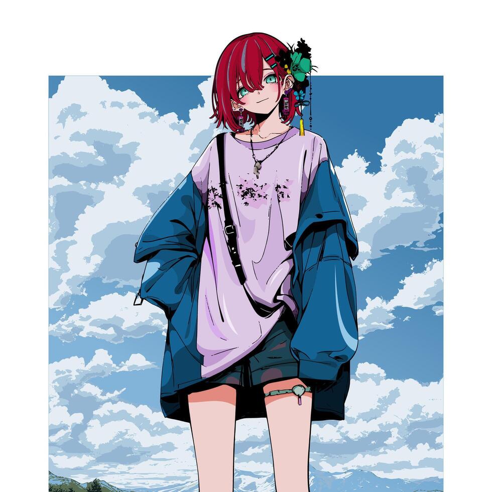 young red haired girl in jacket and shorts standing against blue sky and clouds in anime style vector