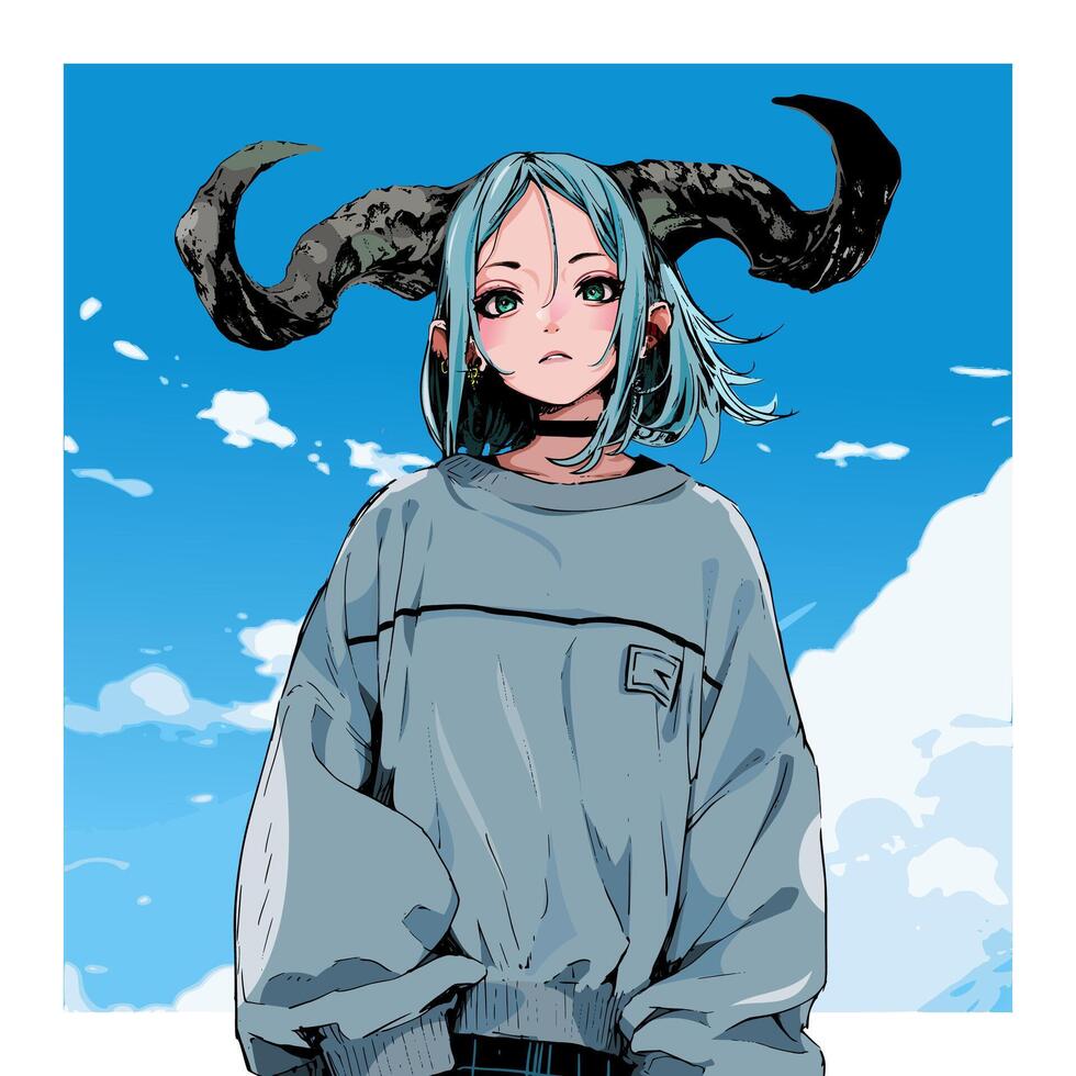 cartoon character of little girl with horns in gray sweater and background of blue sky and clouds in anime style vector