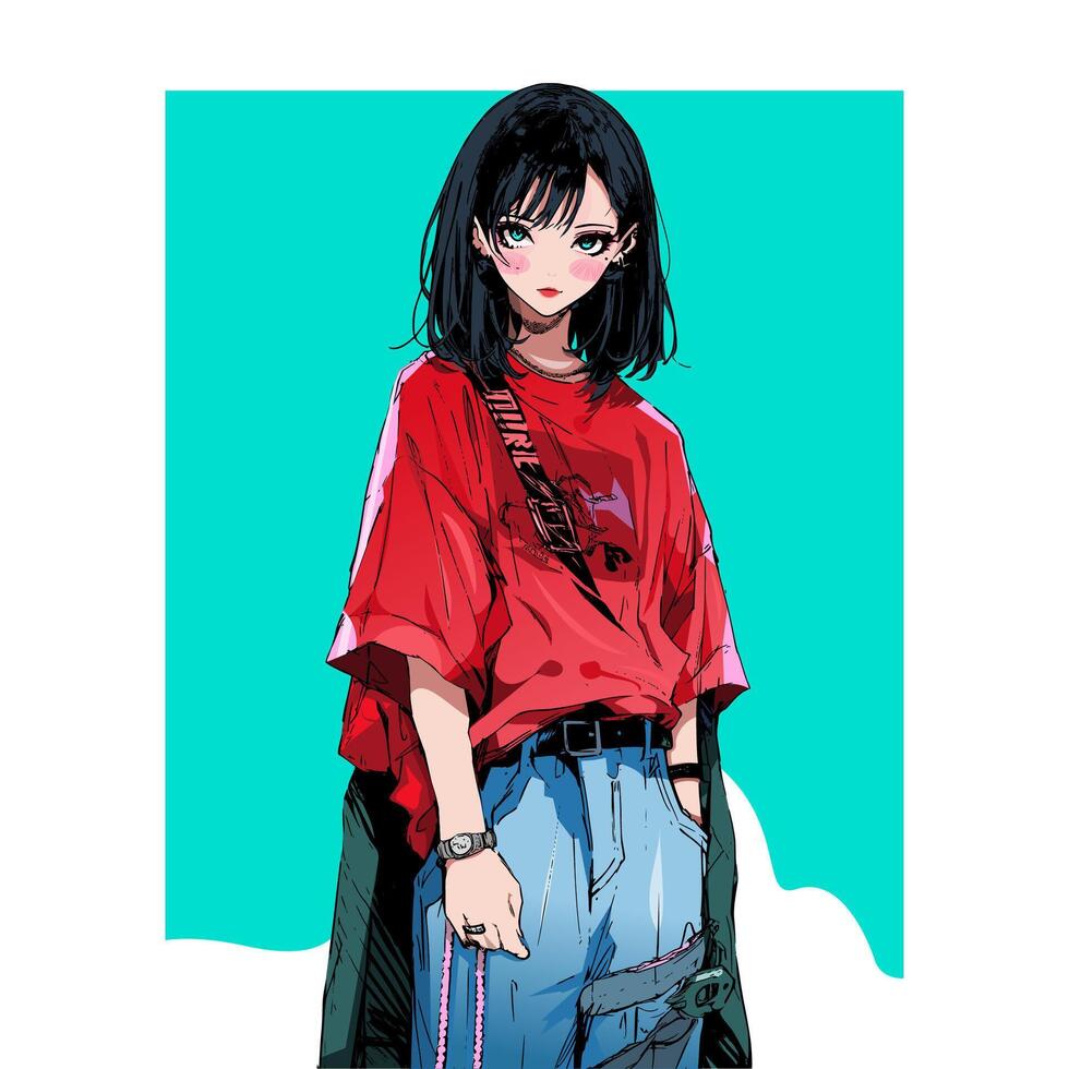 cartoon character of a young girl in a red t-shirt with blue pants in anime style vector