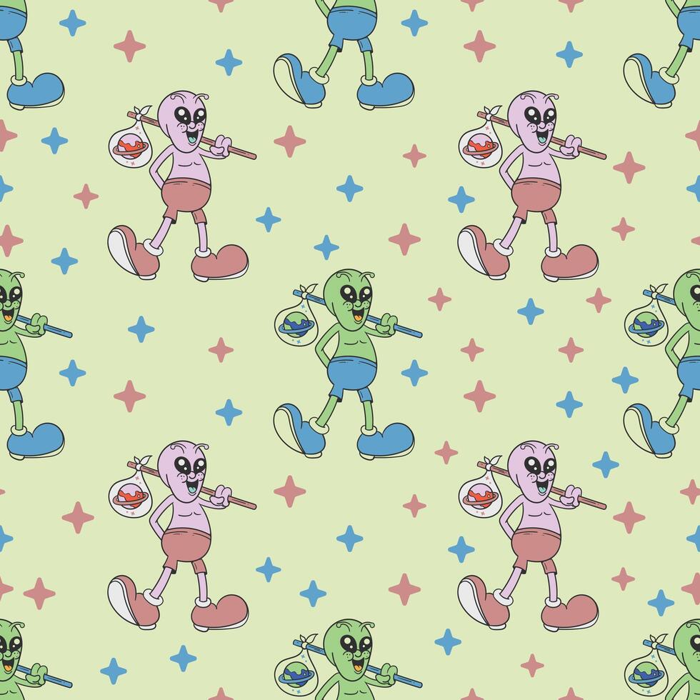 retro alien character cartoon seamless pattern vector