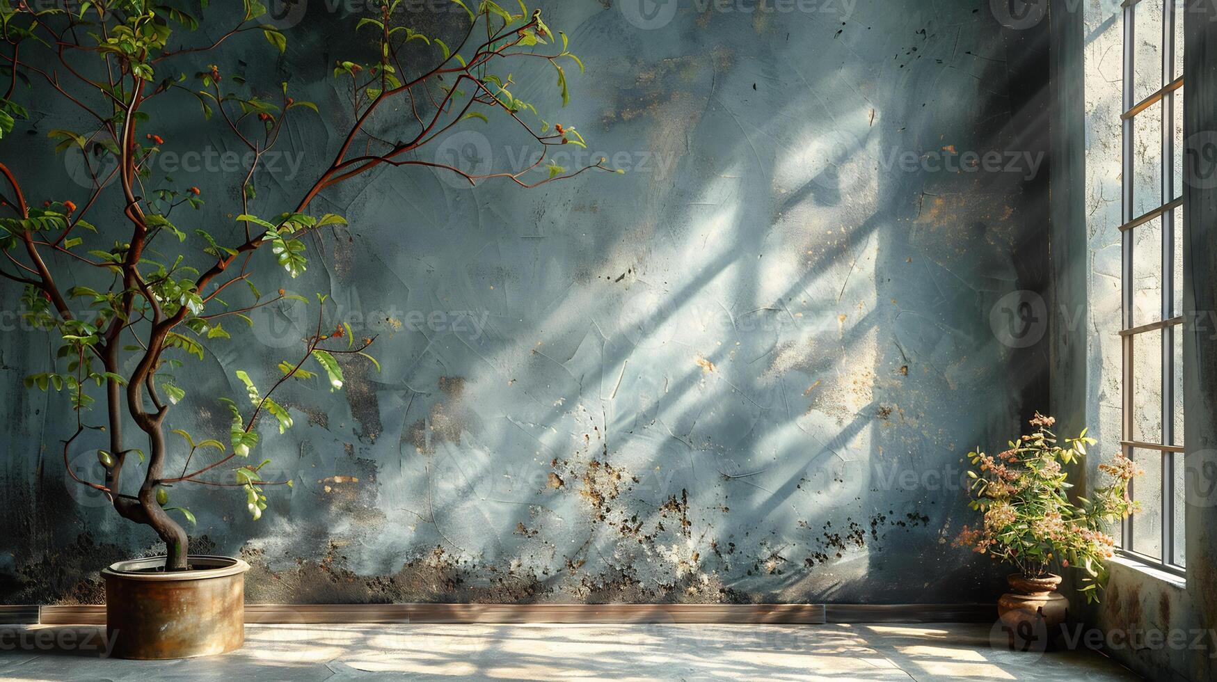 Minimalist studio setup a cement floor and textured walls shadows of tree branches cast on the surface creating a serene natural aesthetic for showcasing products or decor photo