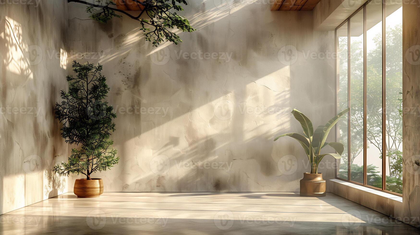 Light streaming through large windows onto neutraltoned concrete floor shadows of trees on a beige wall creating a calm and aesthetic interior scene photo