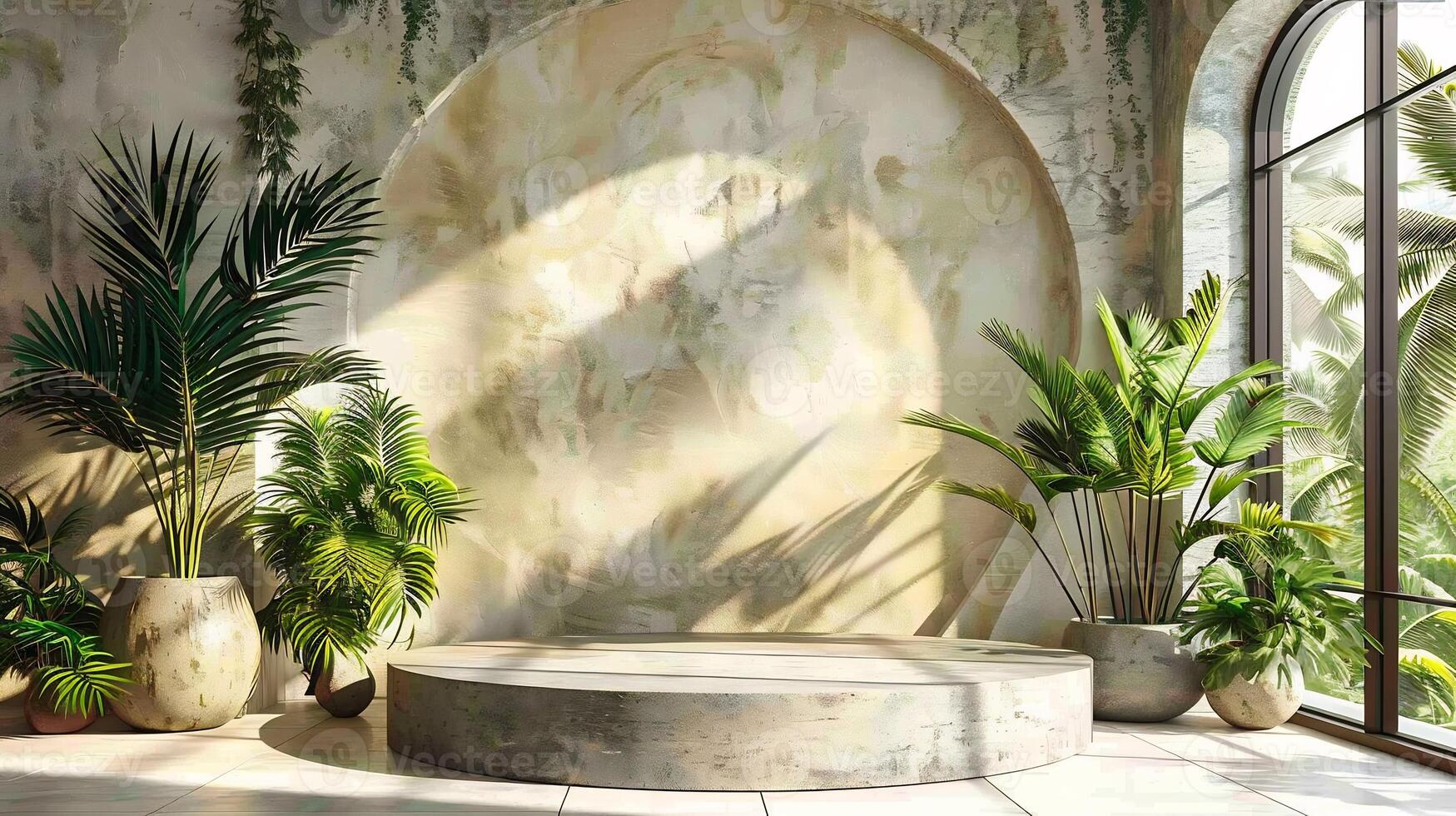 Light beige plaster walls subtle texture natural shadows from tropical plants a cement pedestal centered in the room creating a calm and aesthetic backdrop for product presentations photo
