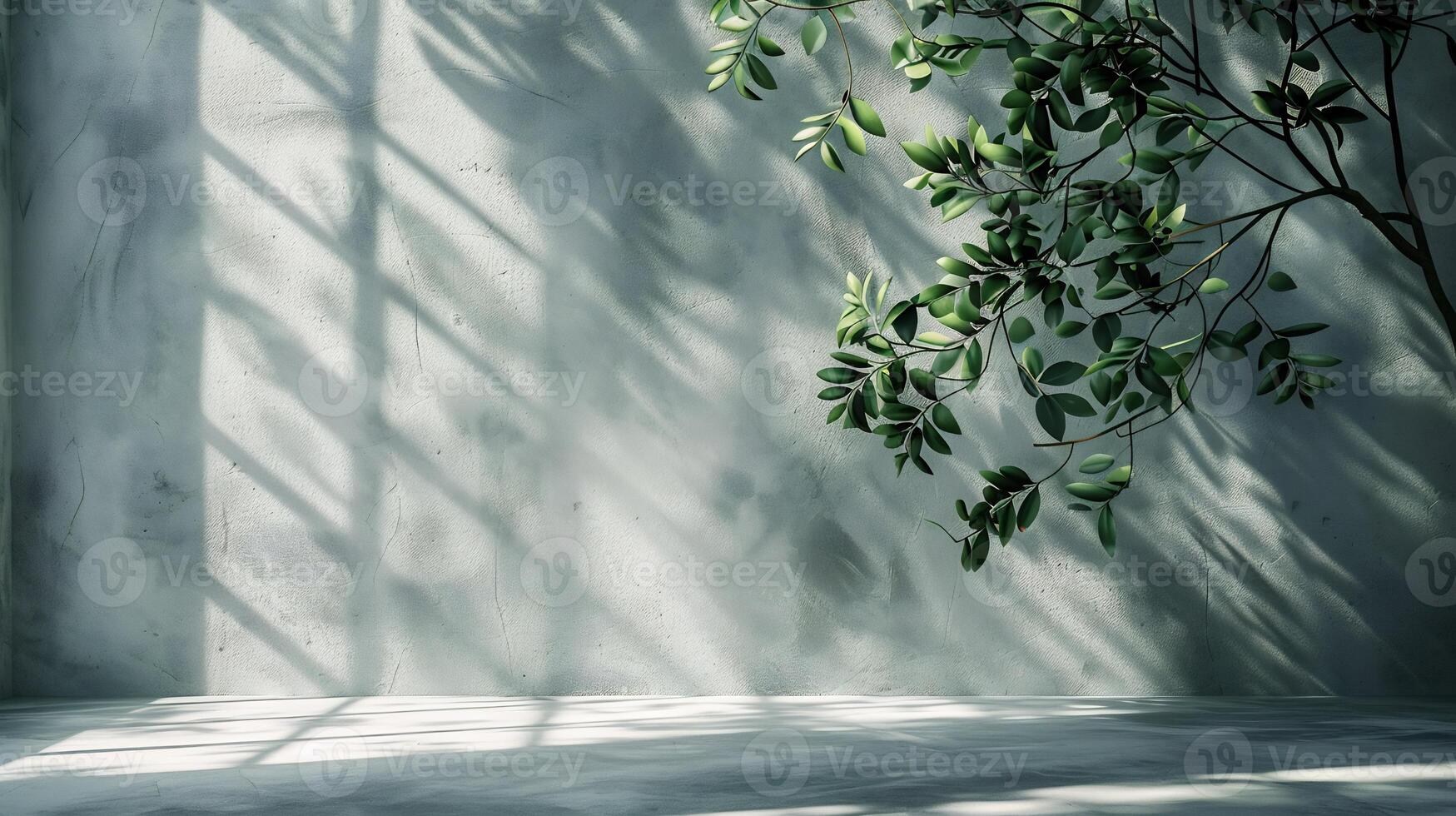 Organic background with soft natural light streaming onto a light gray concrete wall and floor neutral tones and shadows of leaves creating a perfect modern minimal aesthetic photo