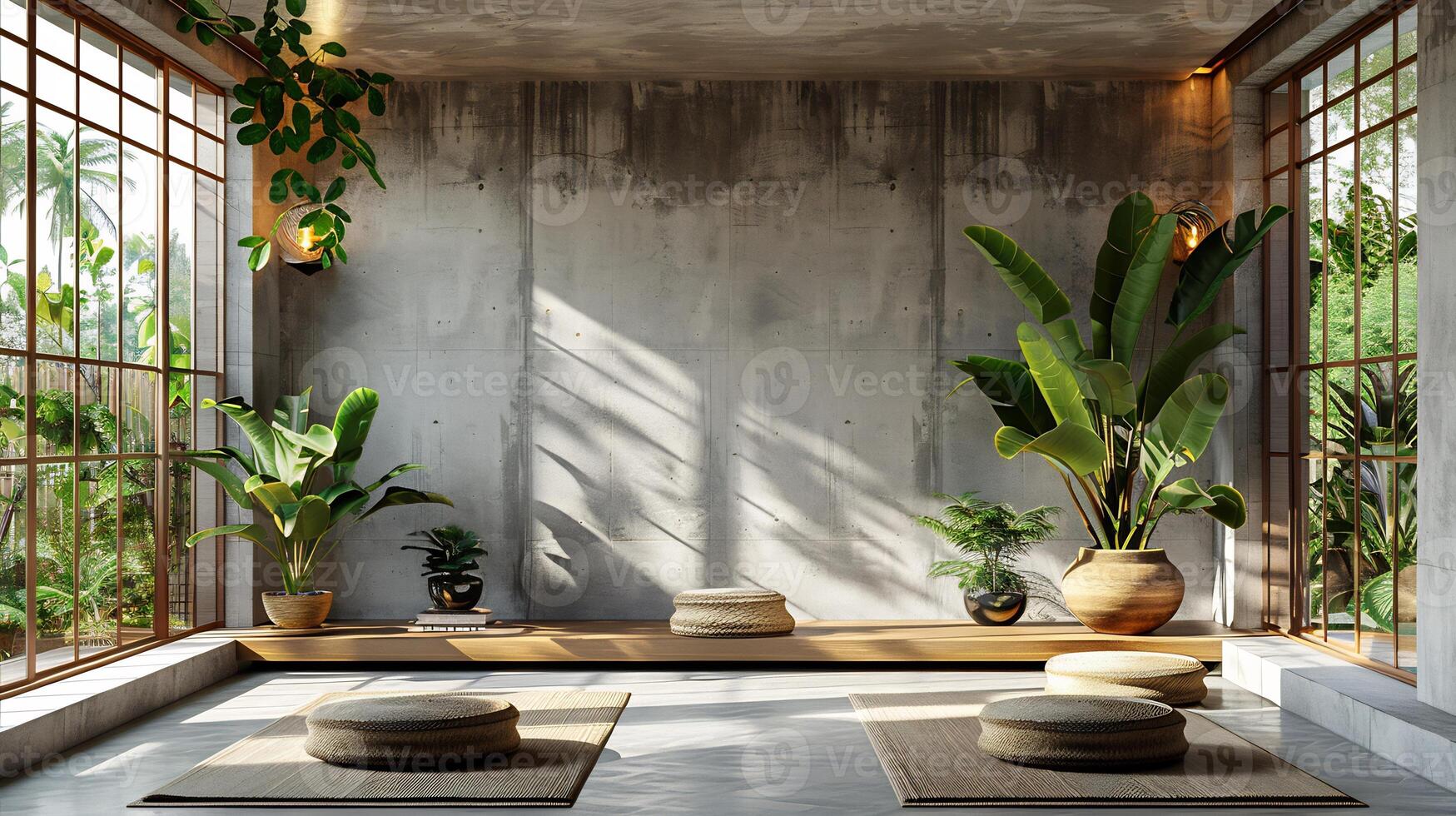 Tropical room with a neutral background shadows of large leaves creating a natural organic pattern on the walls concrete floor and minimal dais creating a serene summer aesthetic photo
