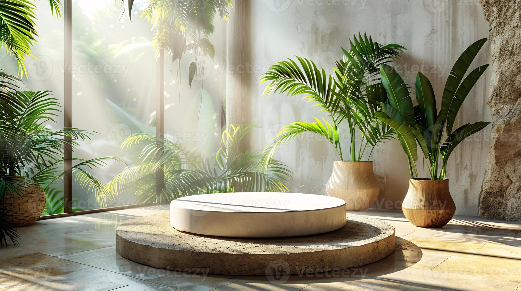 Trendy tropical room with a neutral background palm leaves creating organic shadows on a white pedestal a beige floor adding warmth and a modern aesthetic for product presentation photo