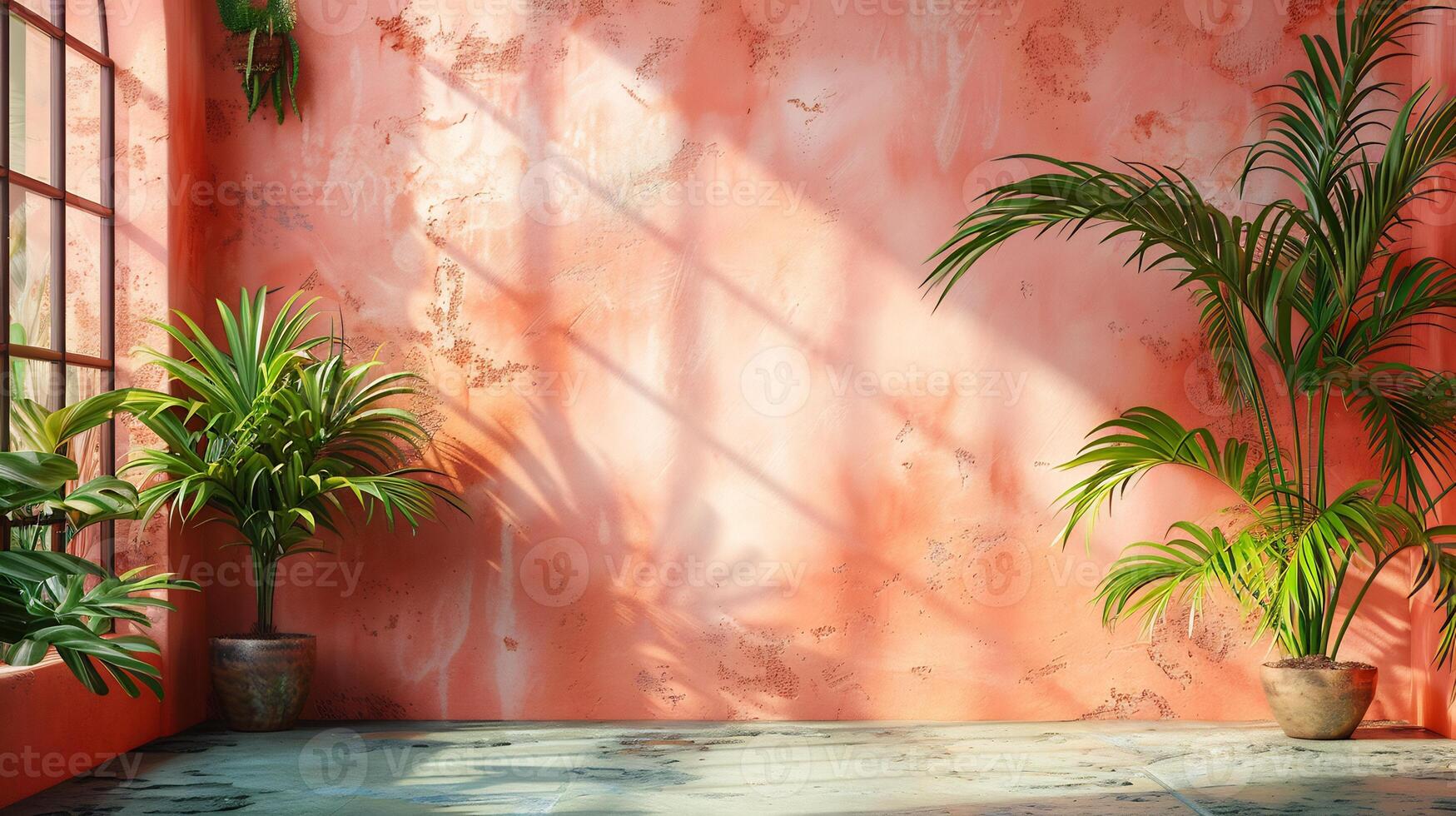 Textured pastel peach wall in a trendy studio soft shadows from plants cast against the background creating a perfect aesthetic setting for product display photo