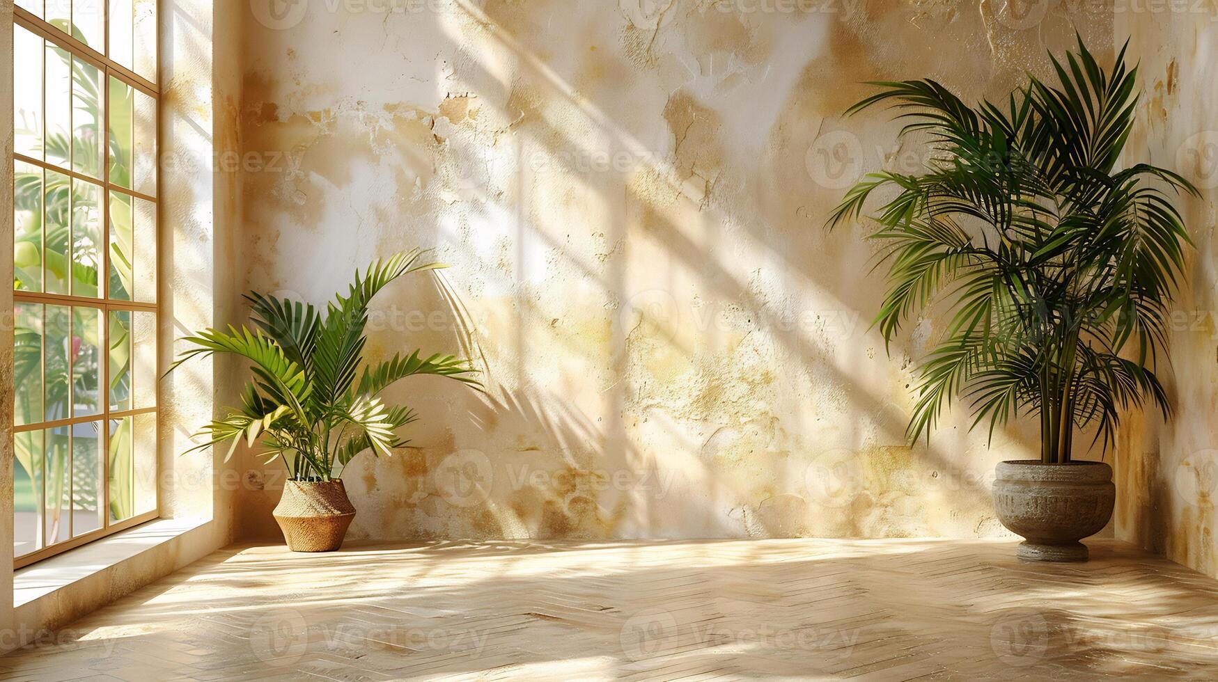 Sunlit corner with a textured beige wall neutral floor with subtle cracks and soft palm shadows falling across the dais creating a serene summer aesthetic for product showcasing photo