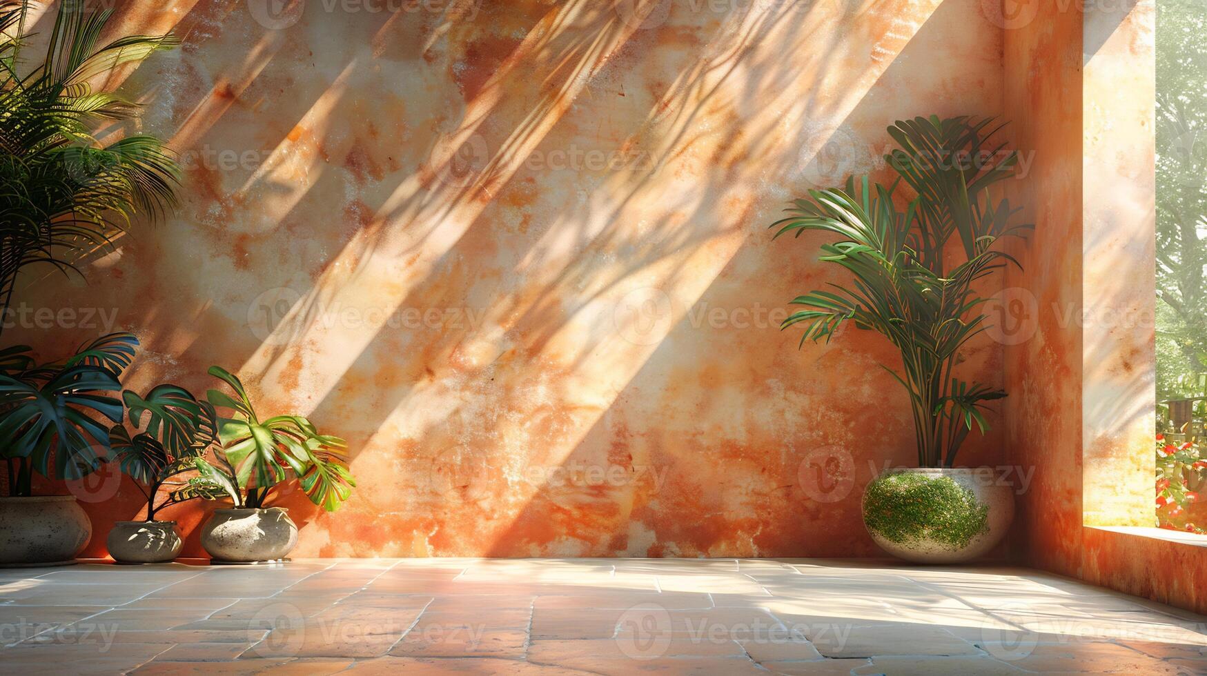 Summer studio with natural shadows of trees on a light peach wall subtle textures and a neutral platform creating a trendy and modern aesthetic photo