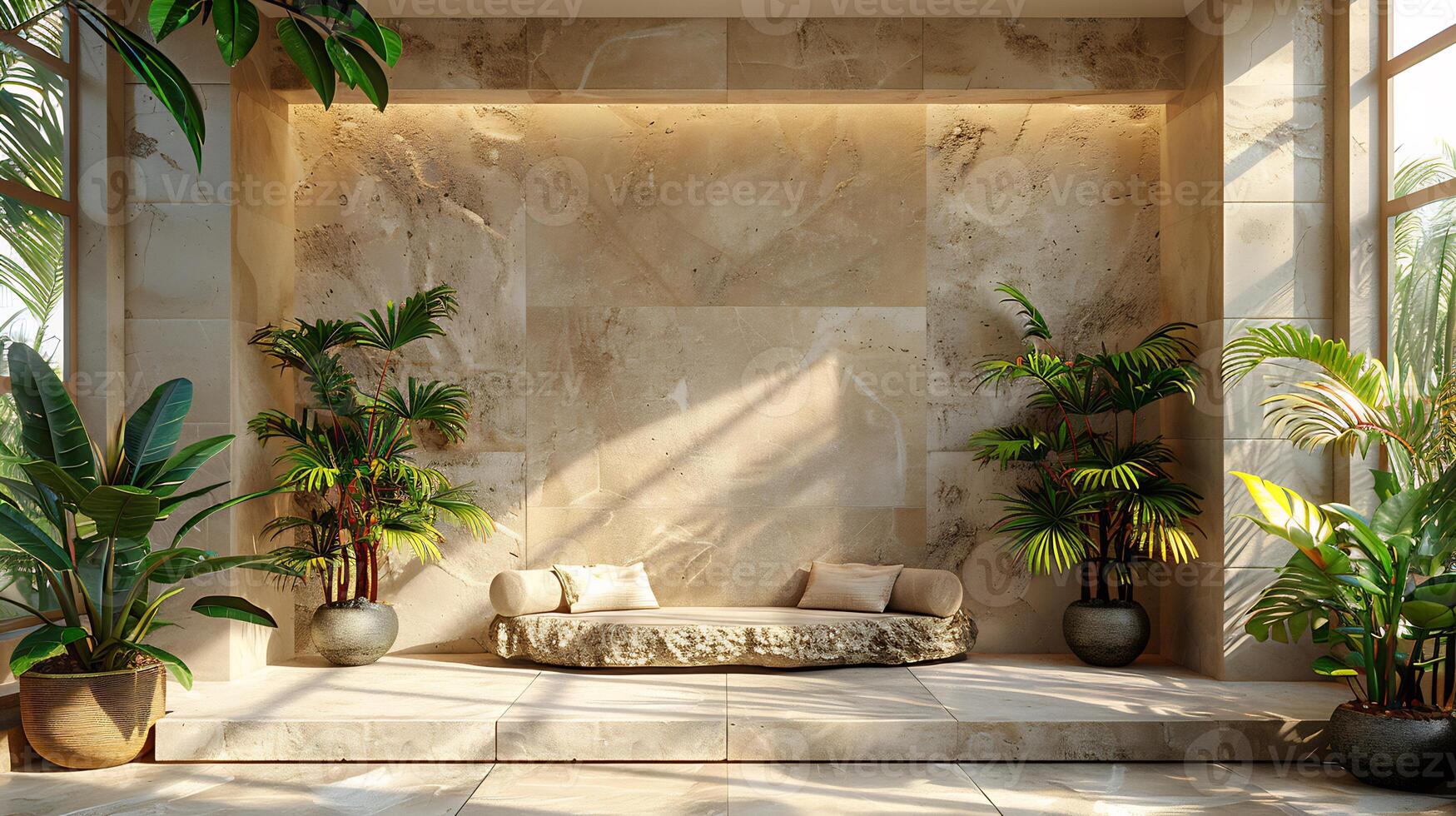 Summer backdrop with a beige wall natural shadows from tropical plants cast onto a smooth stone platform creating a perfect modern aesthetic product placement photo