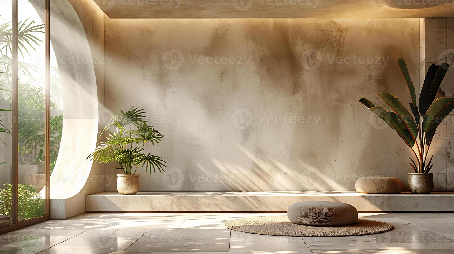 Summer interior with a concrete wall and floor neutralcolored background with sunlight casting aesthetic shadows through a window onto a minimalist dais for product placement photo