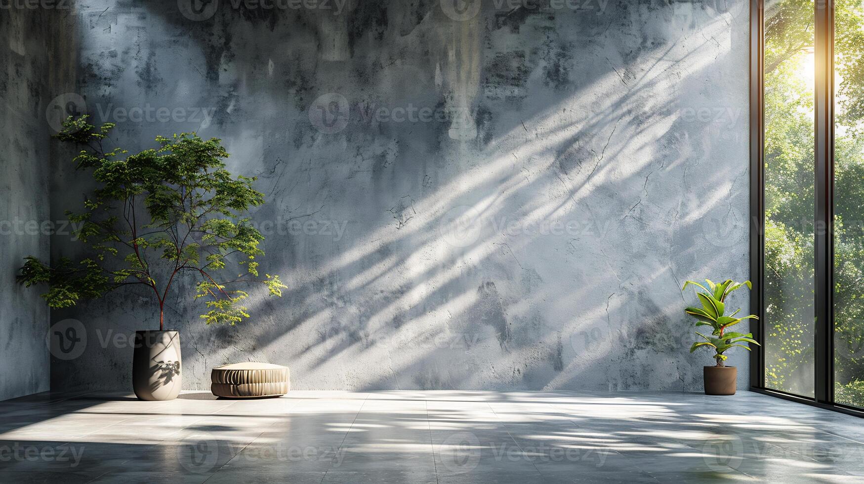 Stylish luxury space with natural light casting shadows of trees onto a light concrete wall neutraltoned floor creating a perfect clean backdrop for aesthetic product placement photo
