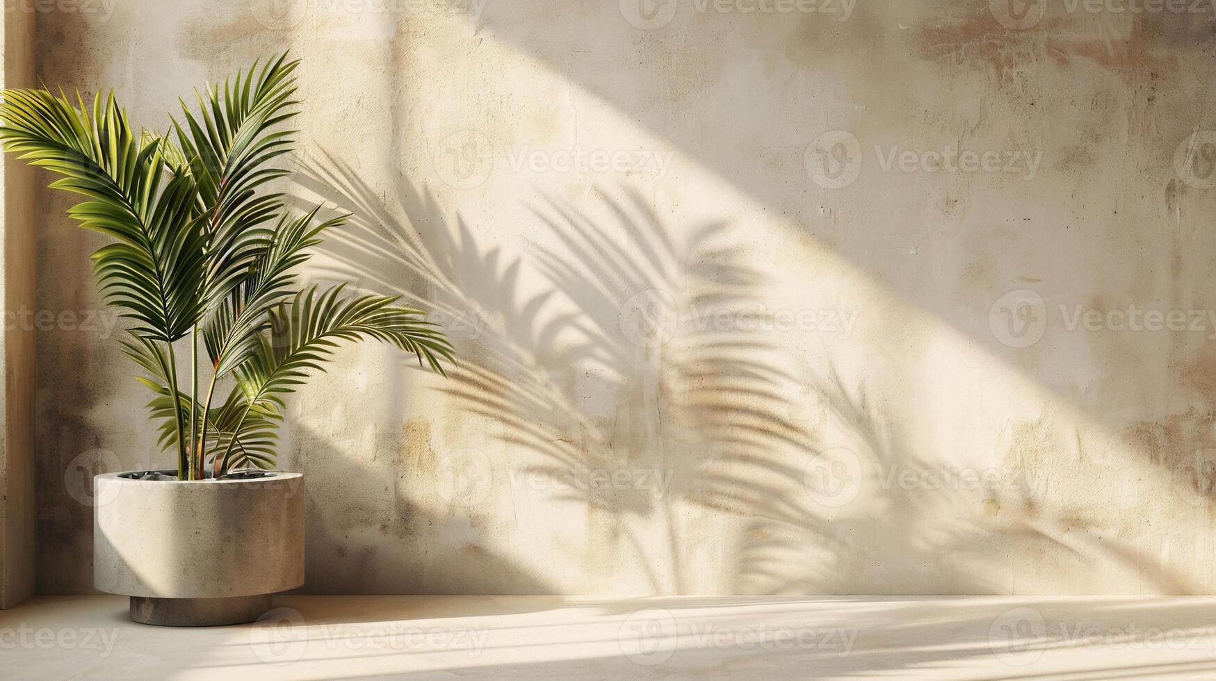 Soft beige wall with subtle shadows from palm leaves cast against it minimal design with a concrete pedestal and neutral background perfect for product placement in a summer interior photo