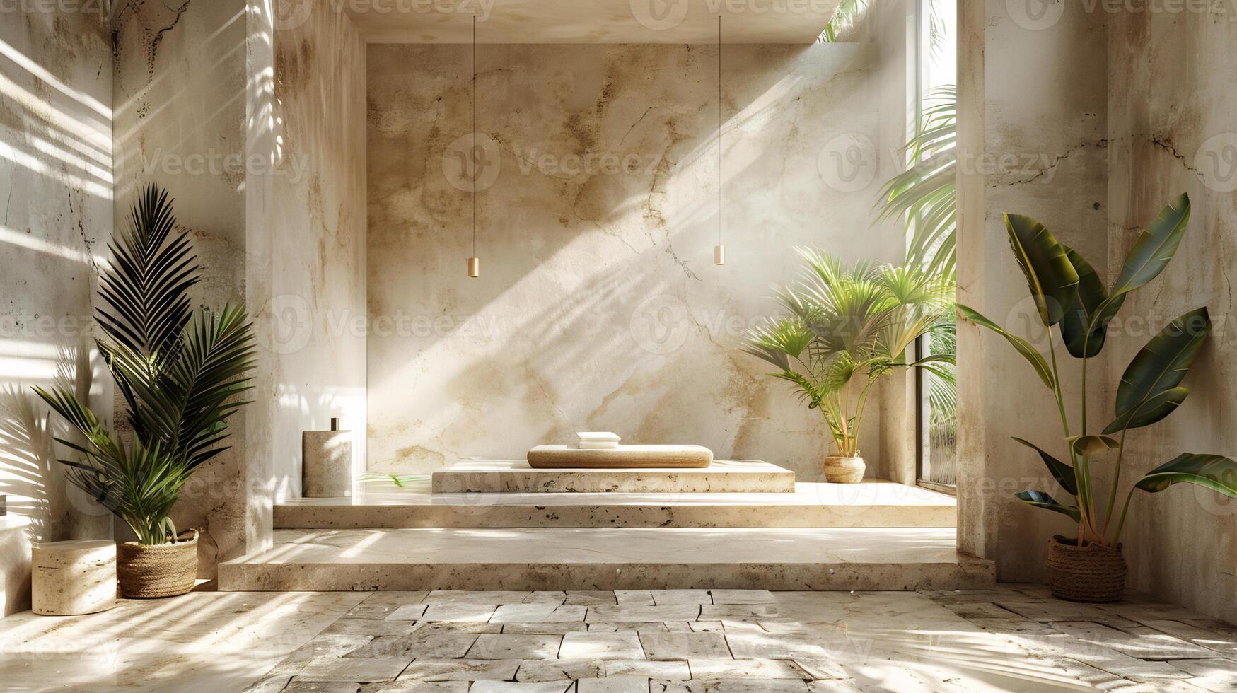 Peaceful luxury setting with sunlight filtering through palm leaves onto a neutral beige wall a smooth stone platform in the foreground providing an aesthetic product placement scene photo