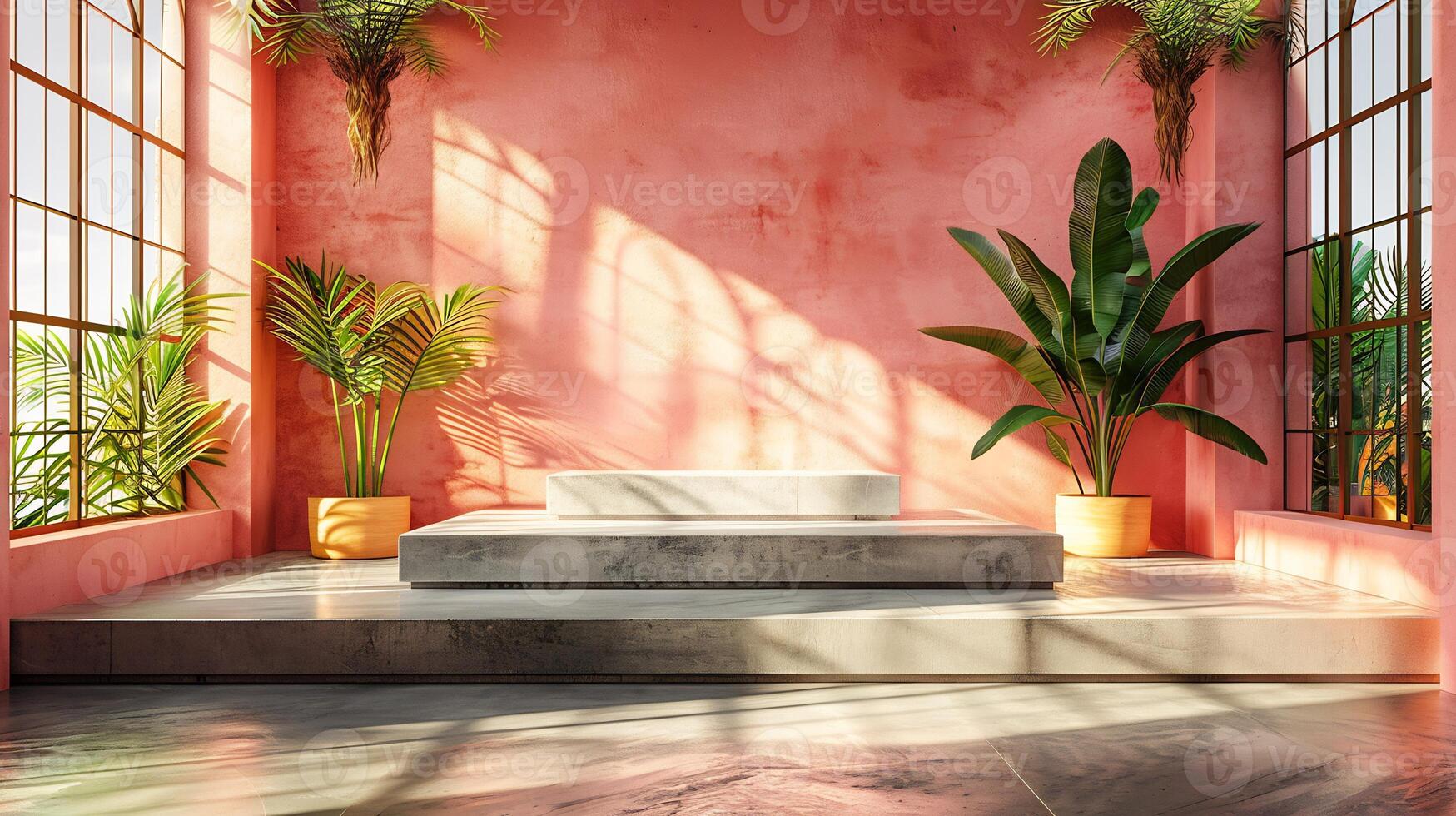 Pastel peach room with sunlight streaming in through large windows illuminating a concrete dais and tropical plants a peaceful space ideal for aesthetic display or product photography photo