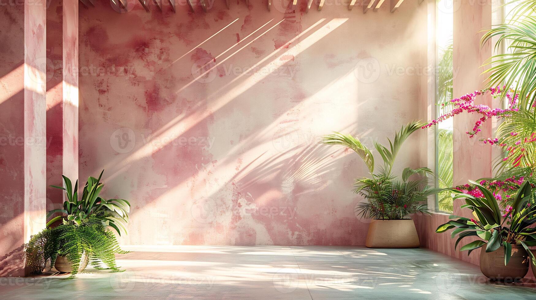 Pasteltoned interior with light streaming in from windows shadows of tropical plants on a cement floor neutral dais creating a modern and clean aesthetic backdrop photo