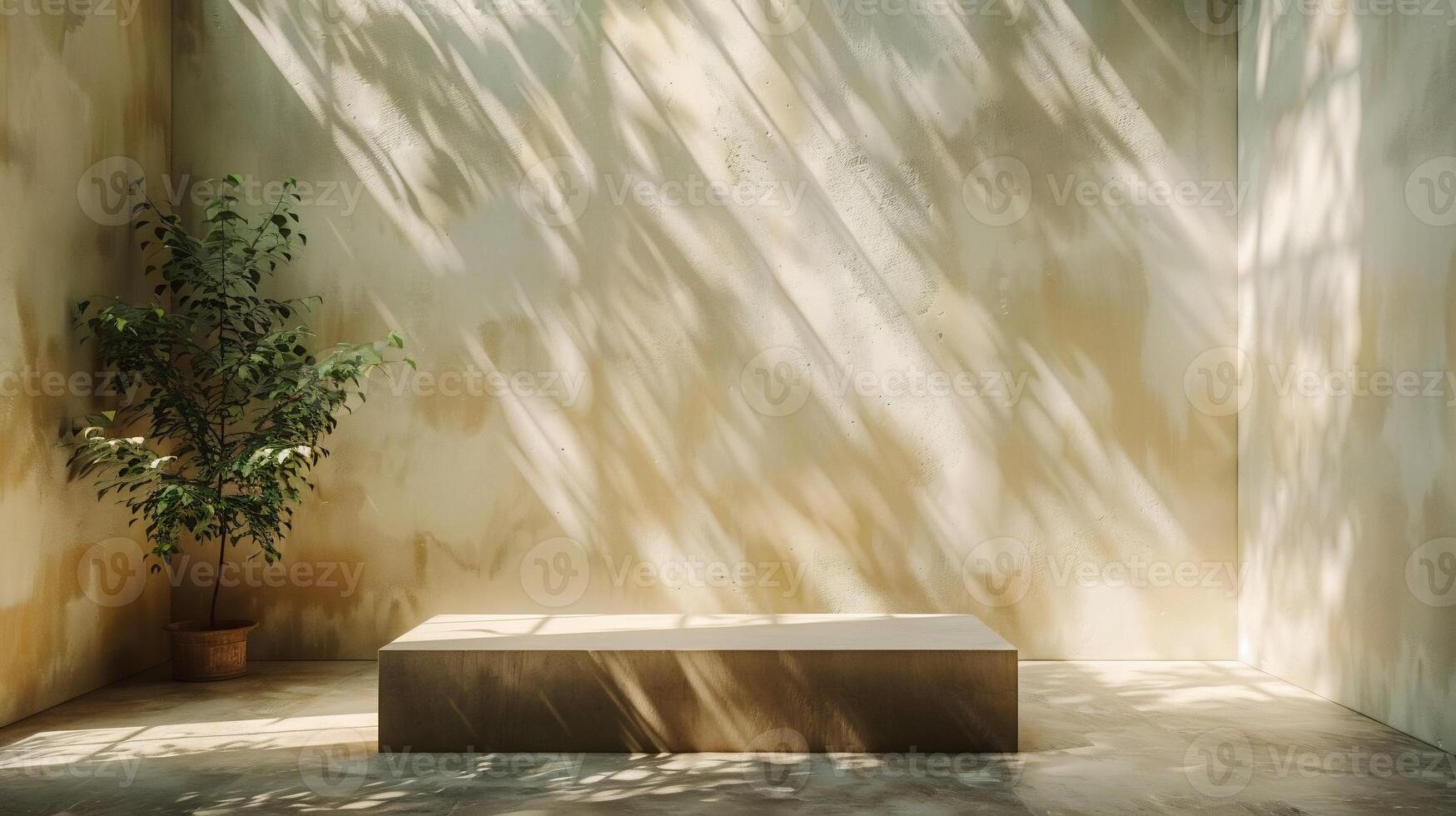 Neutral room with textured pasteltoned walls sunlight streaming in casting shadows of trees across the surface a beige pedestal creating a calm and clean aesthetic photo