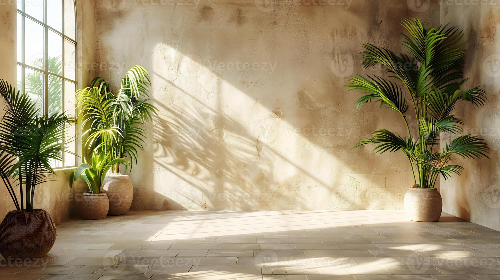 Natural aesthetic scene with sunlight streaming through a window casting shadows of palm leaves on a neutral cement floor and textured walls creating a calm summer atmosphere photo