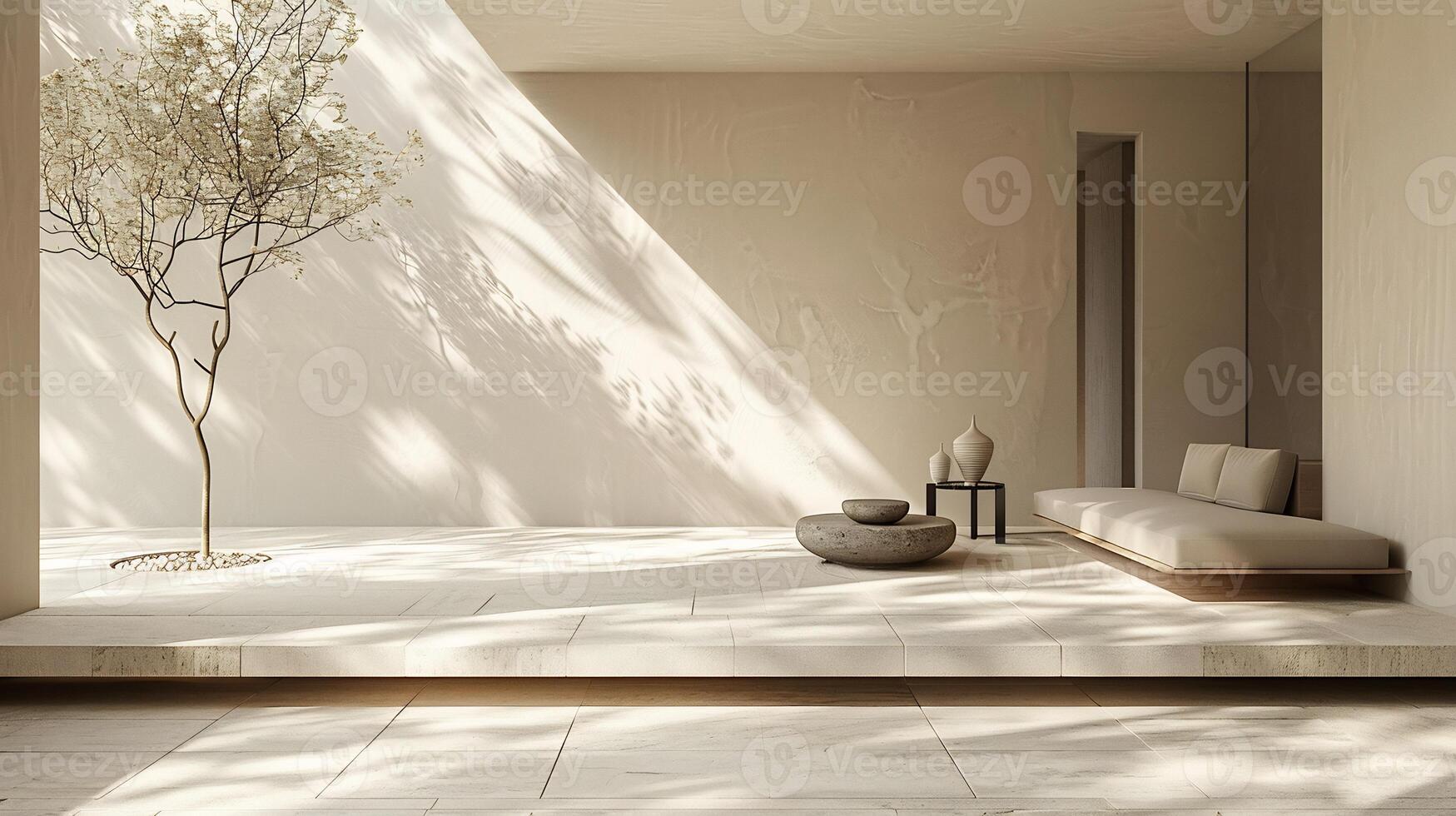 Minimalist summer scene with light beige walls shadows from trees cast across a neutraltoned floor and a stone dais creating a calm and luxurious aesthetic photo