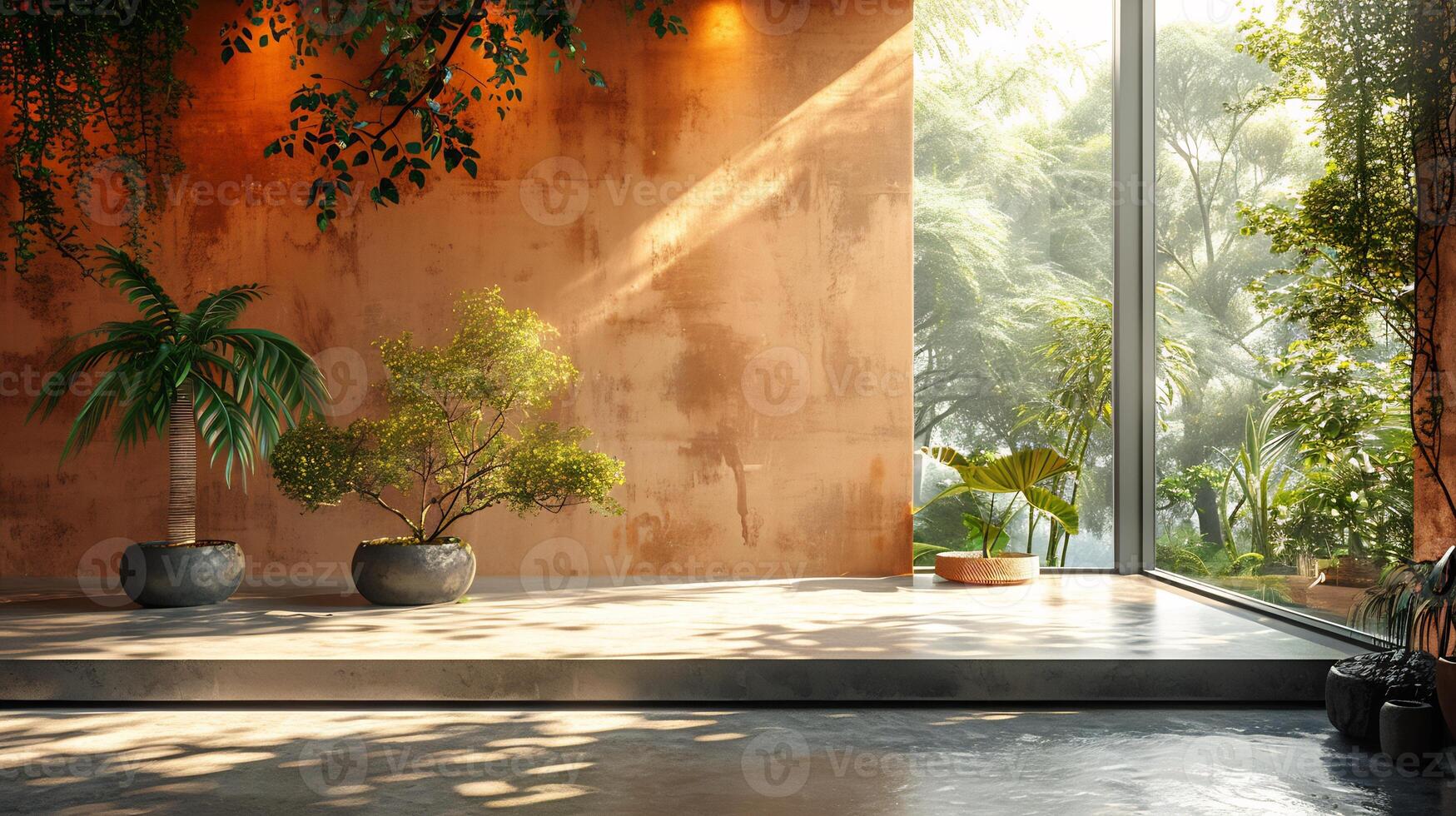 Minimalist aesthetic scene with a light peach wall soft shadows of trees on a concrete platform sunlight streaming in creating a perfect organic product display photo