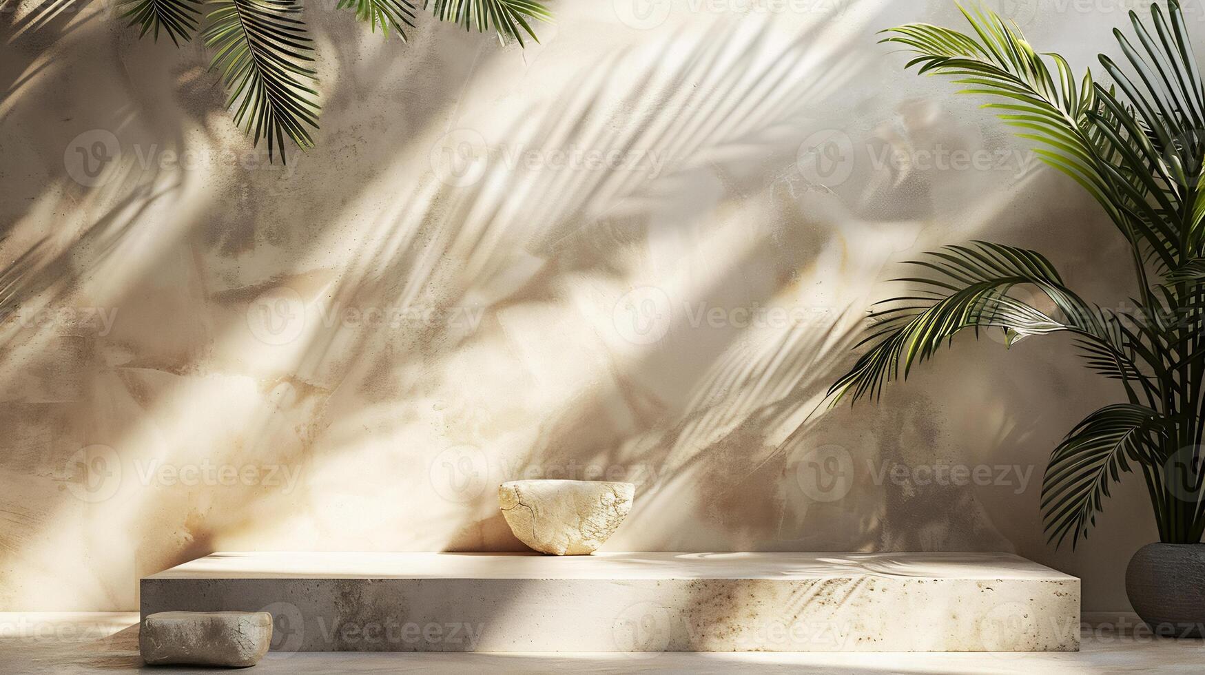 Minimalist beige wall with soft shadows of palm leaves natural light filtering through creating an aesthetic space ideal for product placement on a neutral stone dais photo