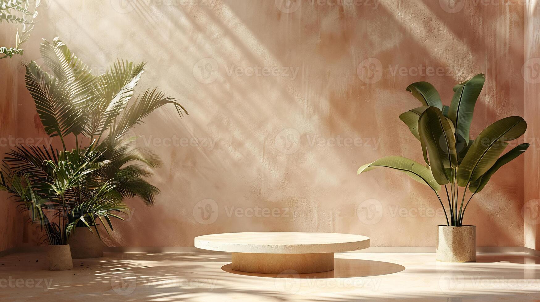 Luxury room with pasteltoned walls shadows of tropical plants falling across the surface sunlight illuminating a stone pedestal creating a modern aesthetic scene for product photography photo
