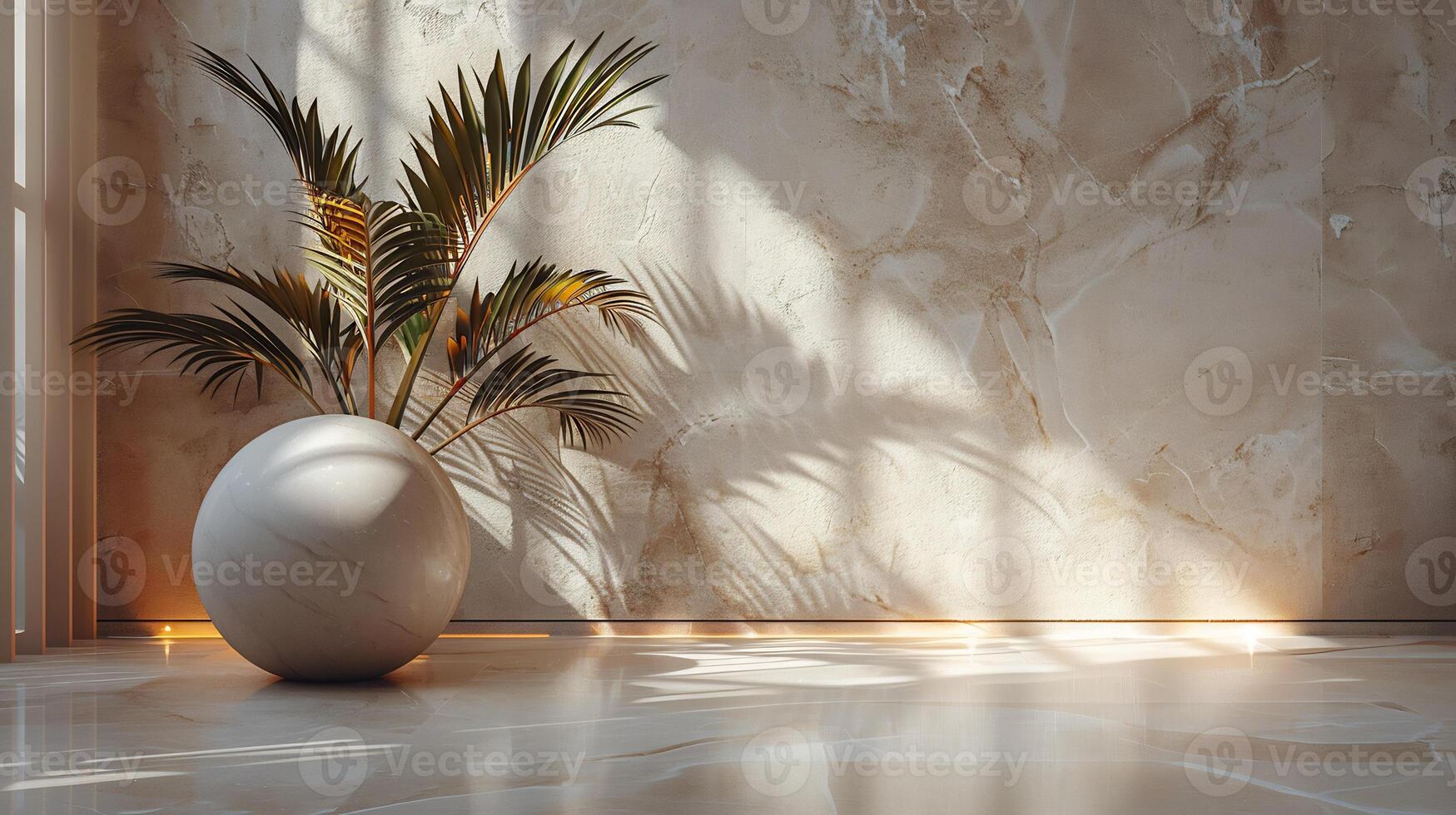 Luxury interior design featuring a soft beige background shadows of palm leaves and subtle texture creating a clean aesthetic scene for product photography photo