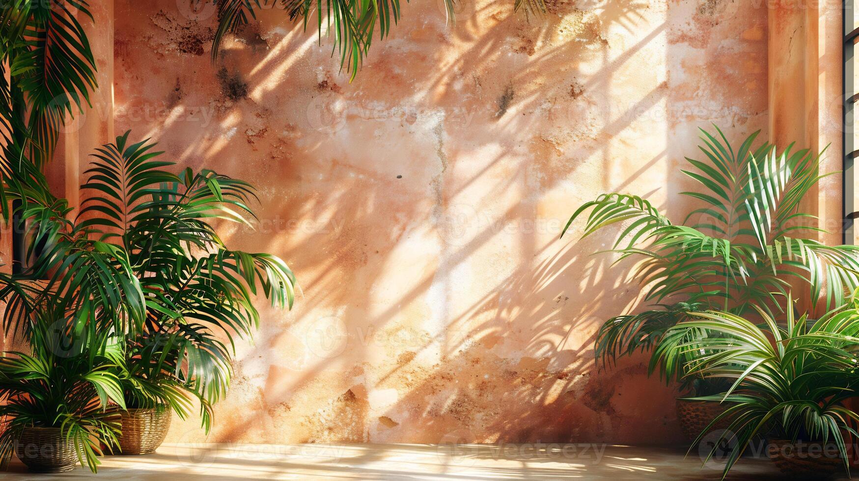 Light peach wall with subtle textures shadows of tropical plants falling across the surface sunlight filtering in creating a perfect aesthetic backdrop for product photography photo