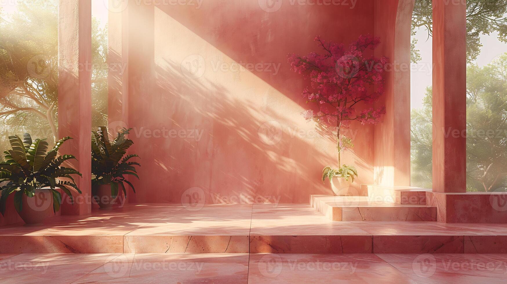 Light peach background with sunlight casting shadows of trees onto the walls soft textures and a neutral dais creating a perfect aesthetic space for product placement photo