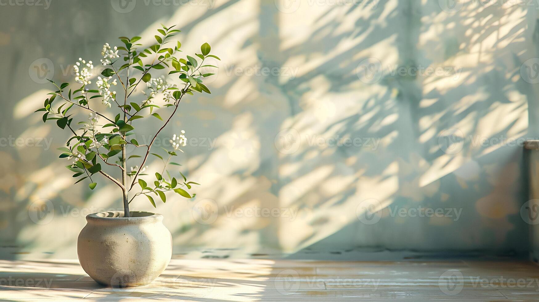 Calm neutral room with light pastel walls shadows of plants falling across the surface sunlight streaming in from a window creating a peaceful modern aesthetic for product photography photo