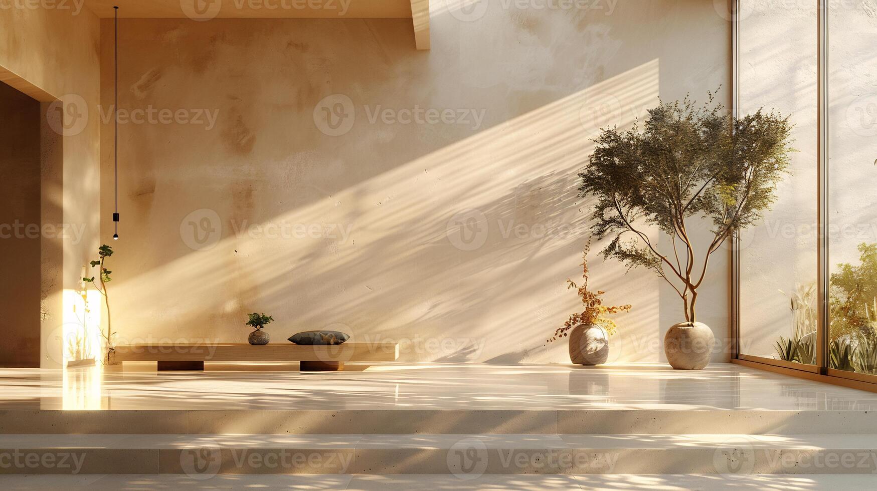 Calm luxury studio setup with soft beige walls sunlight filtering through windows casting shadows of trees across a cement floor and neutral dais creating a modern aesthetic photo