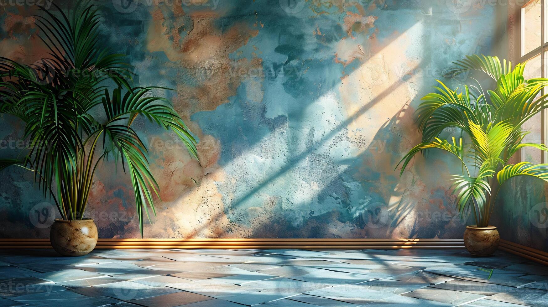 Calm and organic scene with natural light streaming in onto a pasteltoned wall shadows of tropical leaves casting a unique pattern onto a smooth stone stage creating a modern aesthetic photo