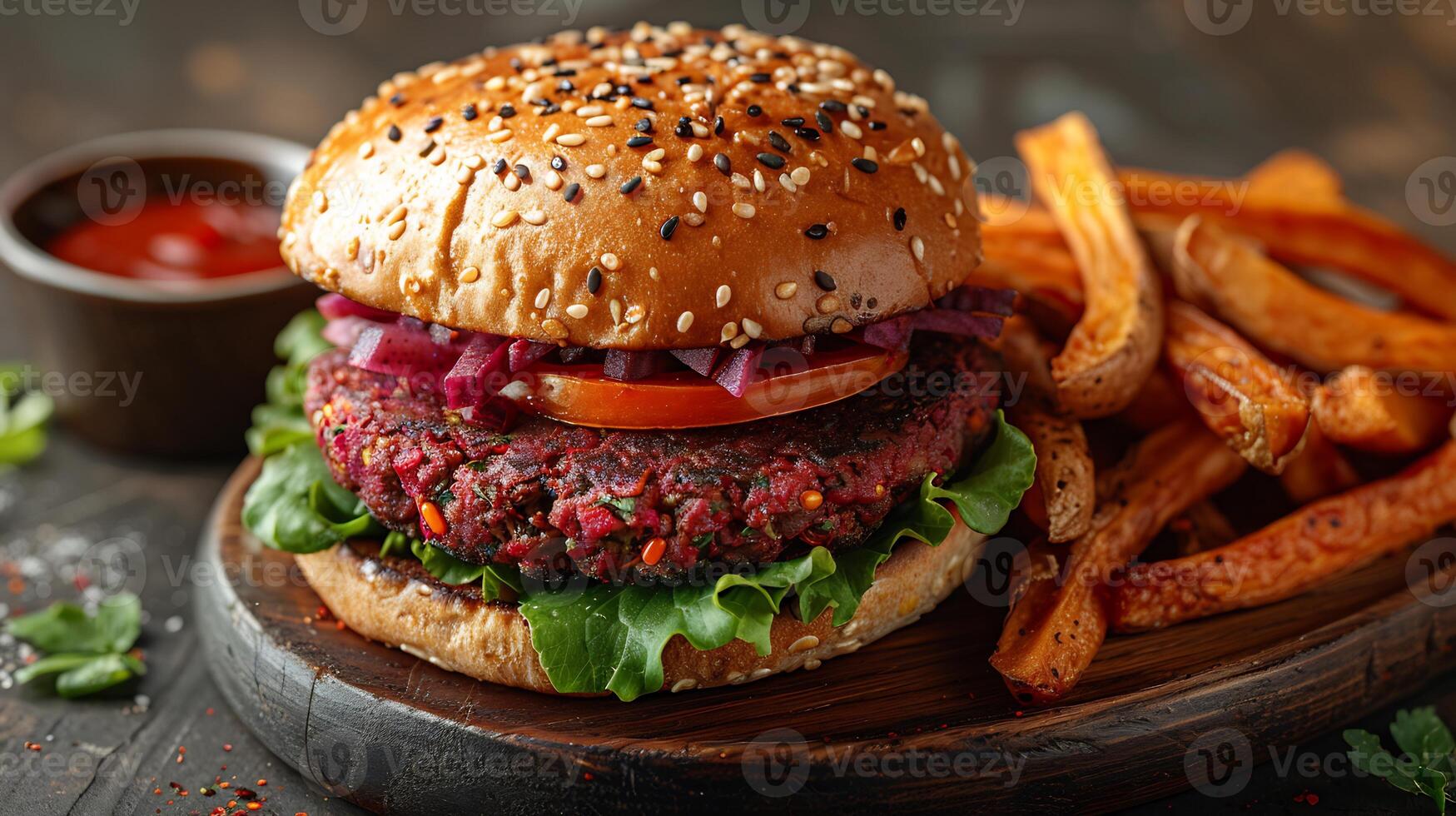 Vibrant vegan burger recipe with a beetroot patty fresh lettuce tomato slices avocado and a whole grain bun served alongside a side of sweet potato fries and dipping sauce photo