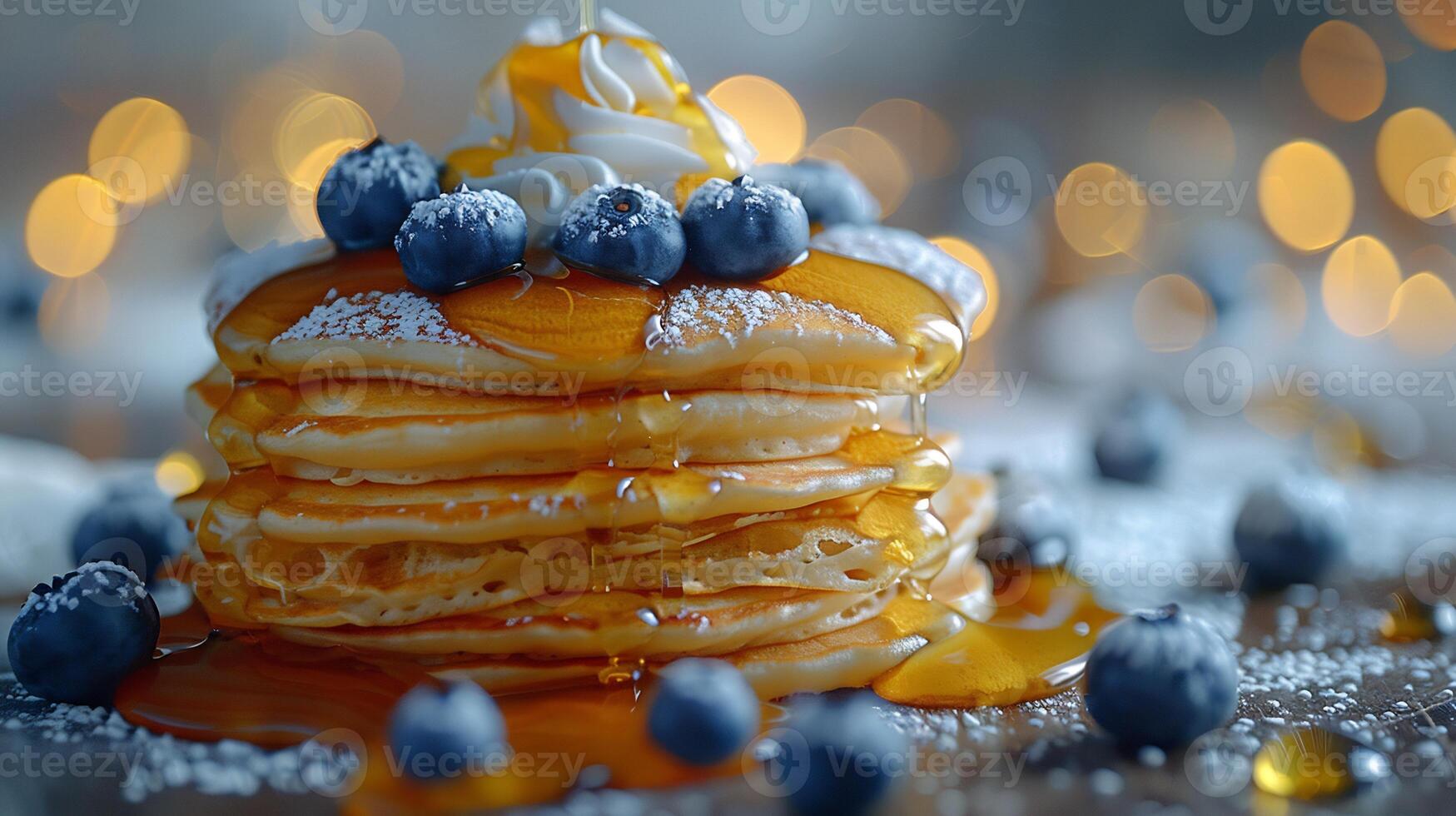 Creative breakfast scene with a stack of fluffy pancakes recipe topped with fresh blueberries a dollop of whipped cream and a generous drizzle of maple syrup cascading down the sides photo