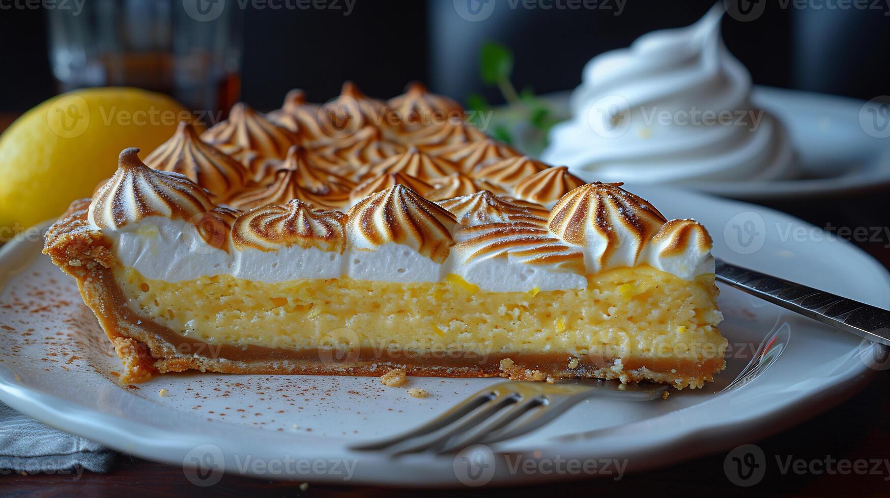 Beautifully plated dessert of lemon meringue pie recipe with a golden crust tart lemon filling and peaks of toasted meringue served on a white plate with a fork on the side photo