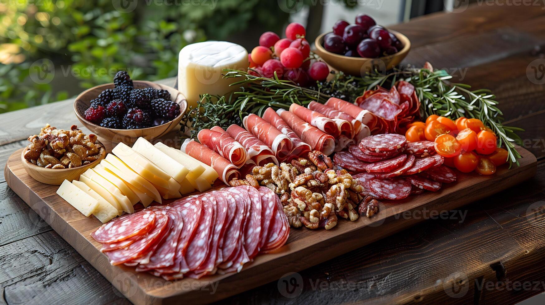 Beautifully arranged charcuterie board recipe with an assortment of cheeses cured meats fresh fruits nuts and artisan crackers all artfully displayed on a wooden board photo