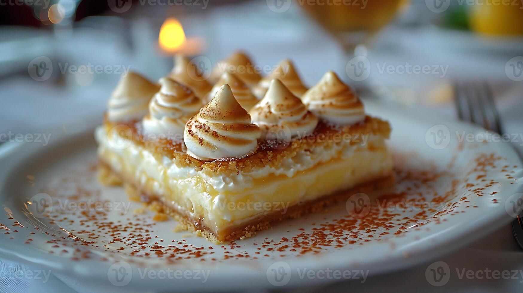 Beautifully plated dessert of lemon meringue pie recipe with a golden crust tart lemon filling and peaks of toasted meringue served on a white plate with a fork on the side photo