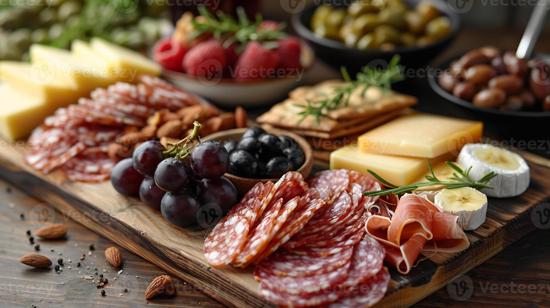 Beautifully arranged charcuterie board recipe with an assortment of cheeses cured meats fresh fruits nuts and artisan crackers all artfully displayed on a wooden board photo