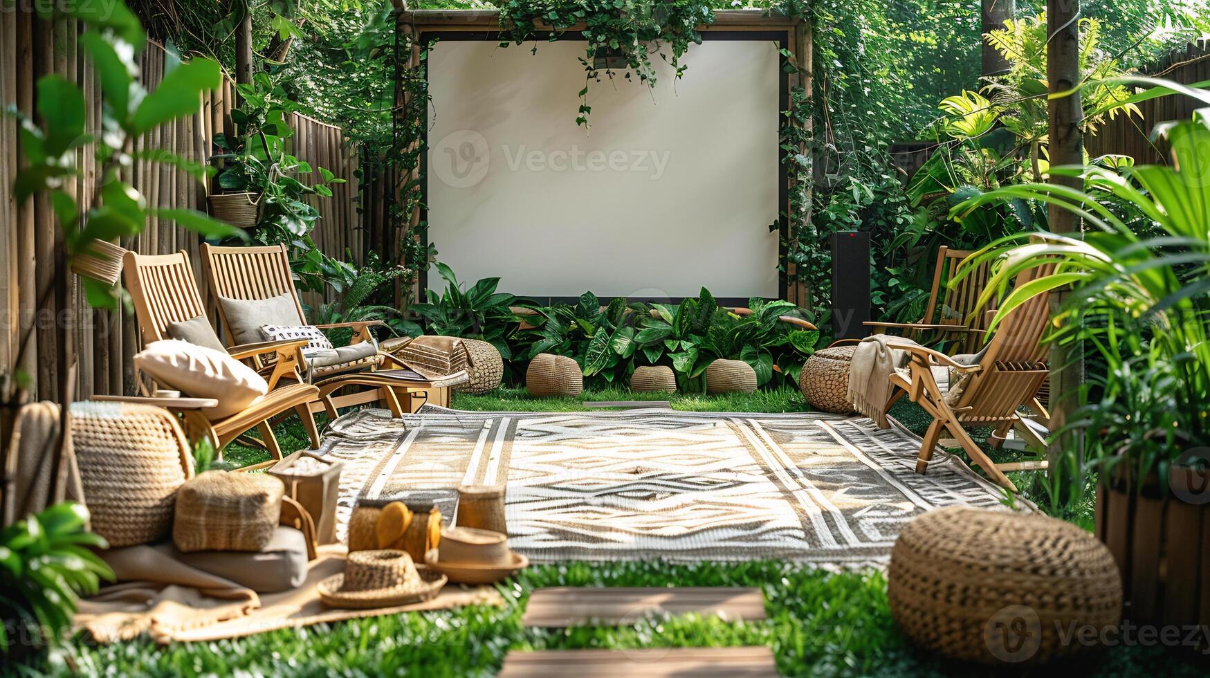 Top down view of outdoor cinema setup with lawn chairs a projector screen and blankets laid out white isolated background photo