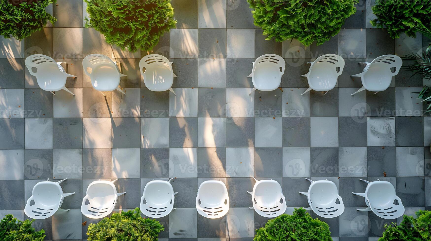 Top down view of outdoor event venue with rows of plastic chairs and a checkerboard seating arrangement white isolated background photo