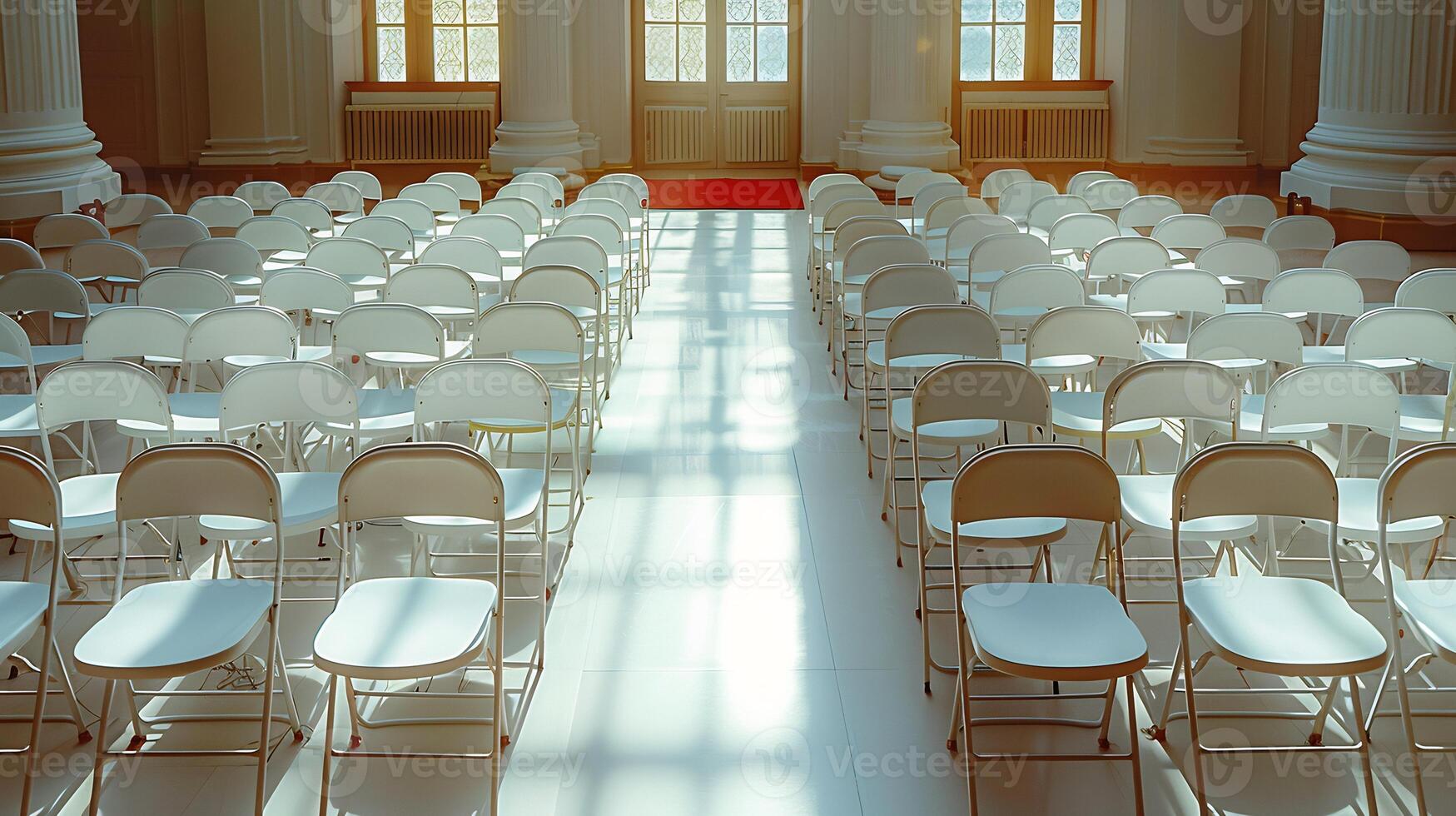 Top down view of empty reception hall with lined up folding chairs and a central aisle for an upcoming event white isolated background photo