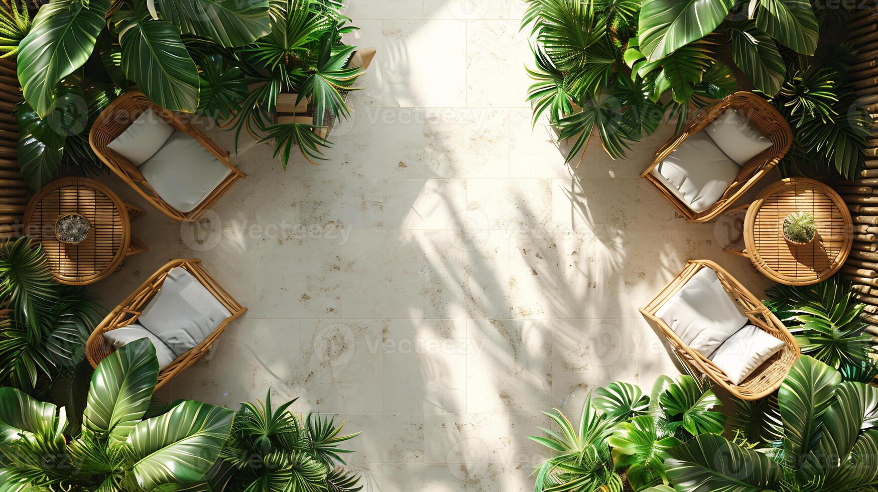 Top down view of tropical garden seating area with wooden chairs and a small coffee table surrounded by palm trees white isolated background photo